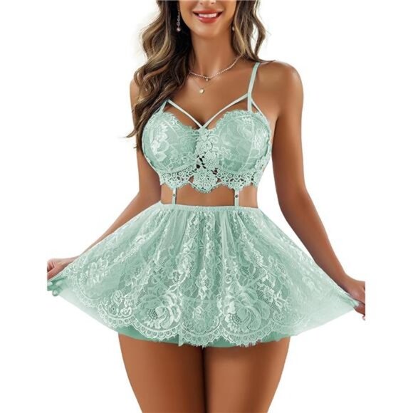 Lingerie for Women Lace Babydoll Mesh Nightwear - Light Green